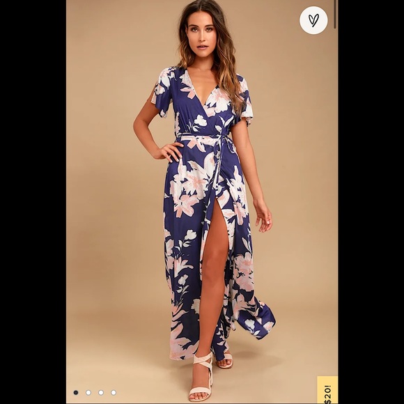 Lulu’s Azalea Regalia Navy Blue Floral Print Wrap Maxi Dress size L - Picture 1 of 7